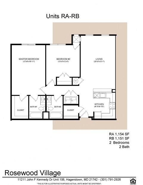 Floor plan for 2 beds, 2 baths, 1151 sqft